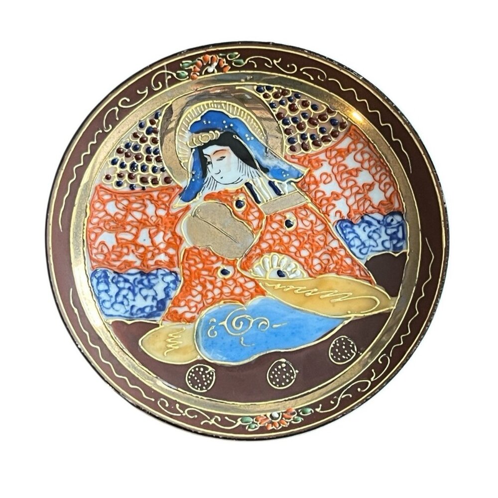 Japanese Moriage Porcelain Saucer Chikaramachi Figurel Gold Trim Vintage